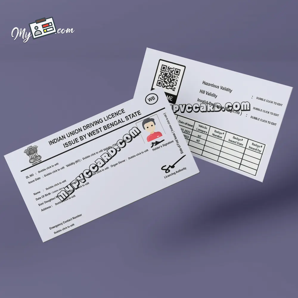 west bengal driving licence pvc card front and back side