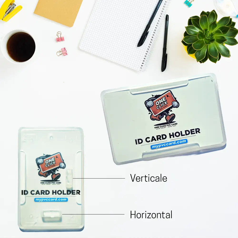 transparent ID card-holder with vertical and horizontal hook
